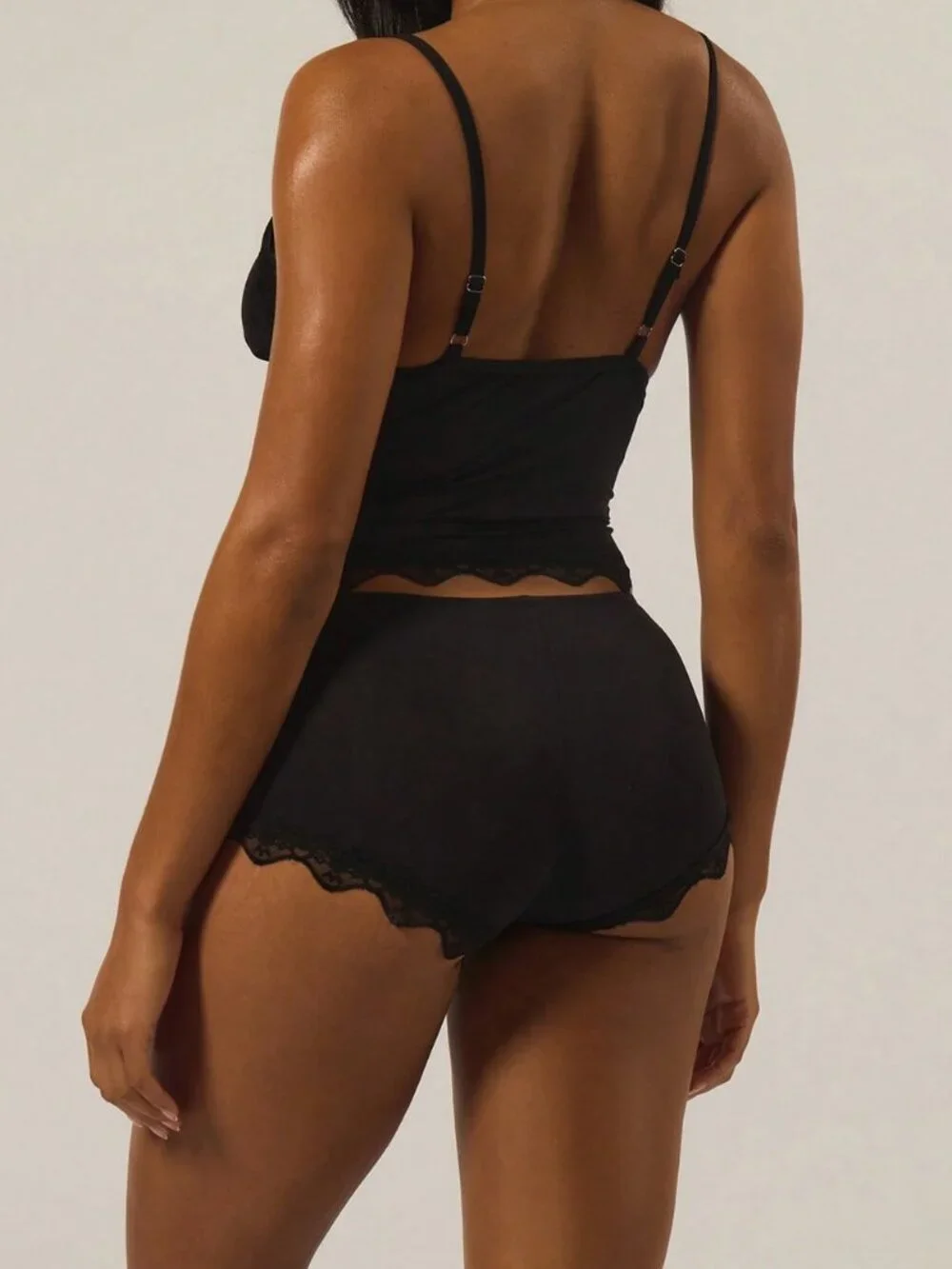 Black Sexy Women's Lace Trim Adjustable Strap Cami Top & Fitted shorts